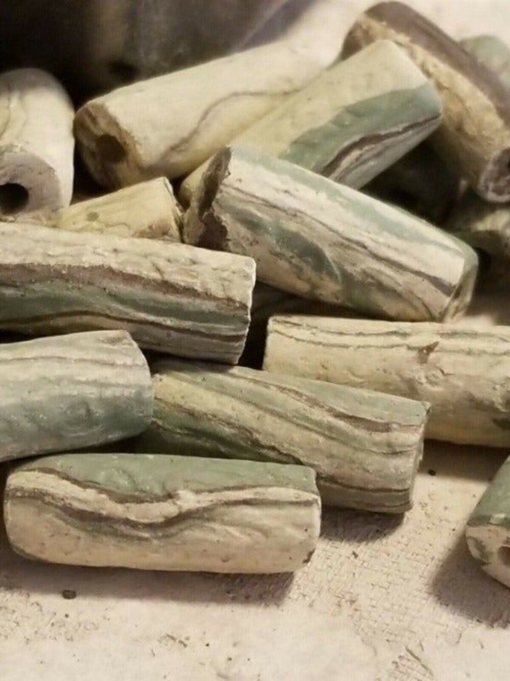 Vintage South American Terra Cotta Clay Beads Tan Green 25x10mm Round Tube 5 pcs